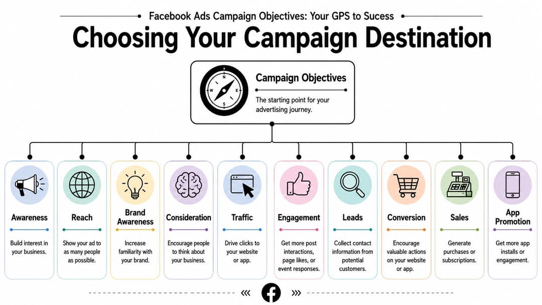 A diagram illustrating Facebook advertising campaign objectives to guide your marketing journey and business goals.