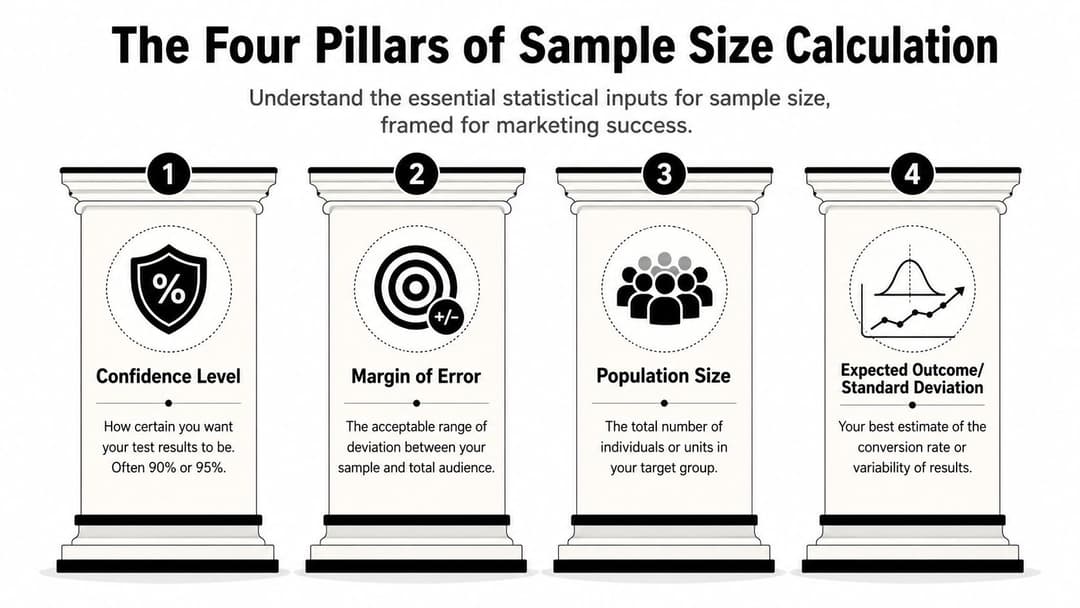 An infographic titled The Four Pillars of Sample Size Calculation, illustrating four key statistical input factors.