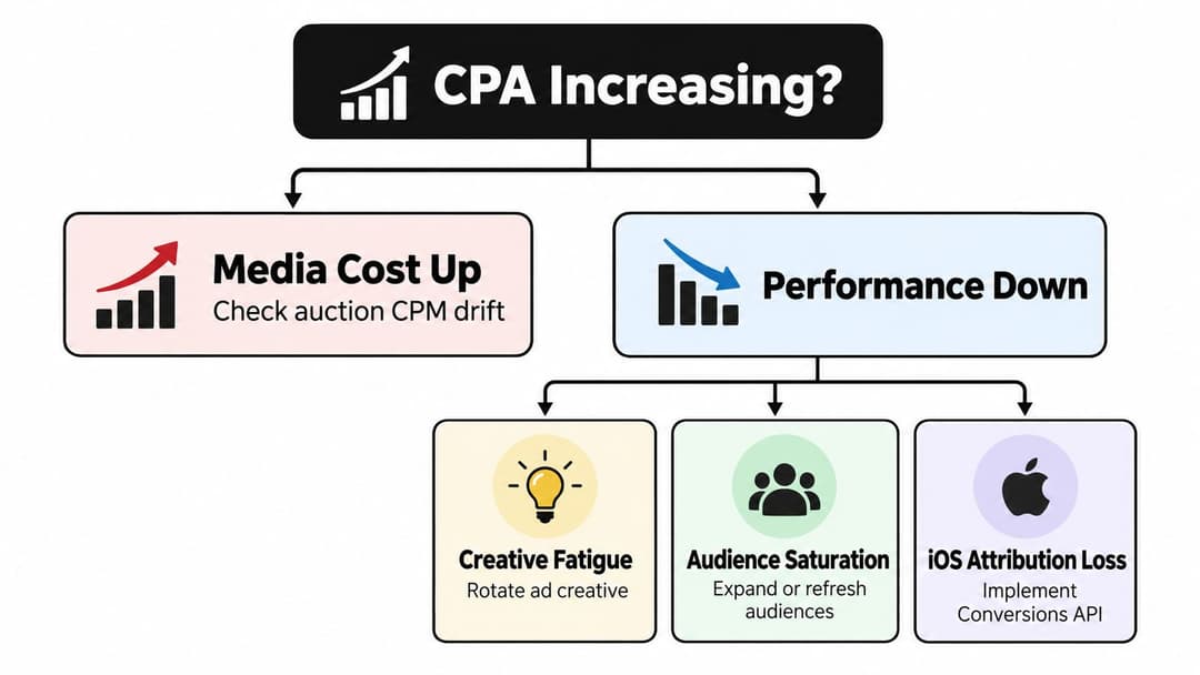A diagnostic flowchart explaining reasons for increasing CPA including media cost, performance, creative fatigue, and attribution.
