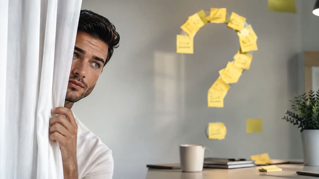 A young man hiding behind a curtain looking at a large question mark made of sticky notes.