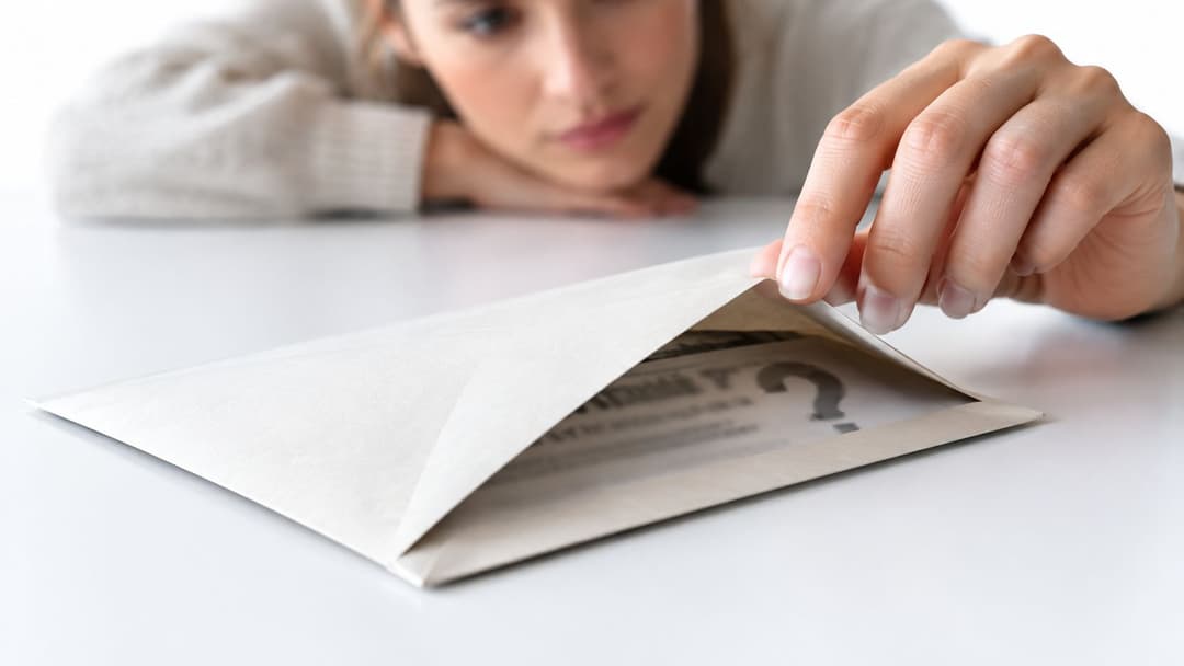 A concerned woman opens an envelope revealing a document with a prominent question mark, hinting at uncertainty.