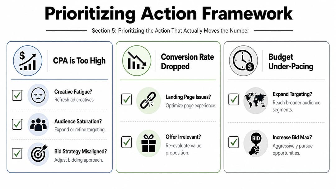 A diagram titled Prioritizing Action Framework showing actionable steps for addressing high CPA, dropped conversion rates, and under-pacing budgets.
