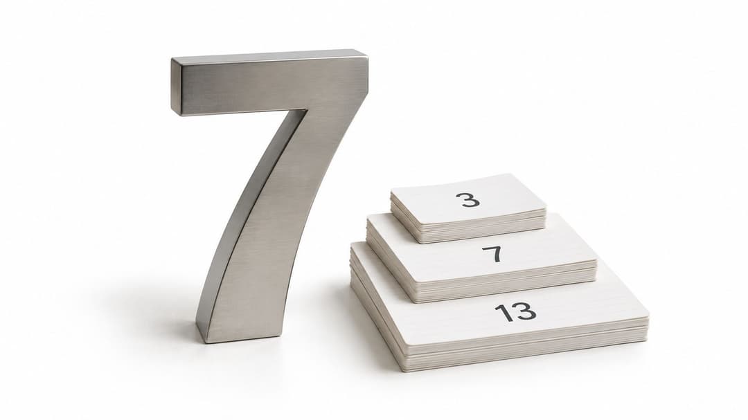 A large metallic number seven stands next to a tiered stack of cards labeled three, seven, and thirteen.