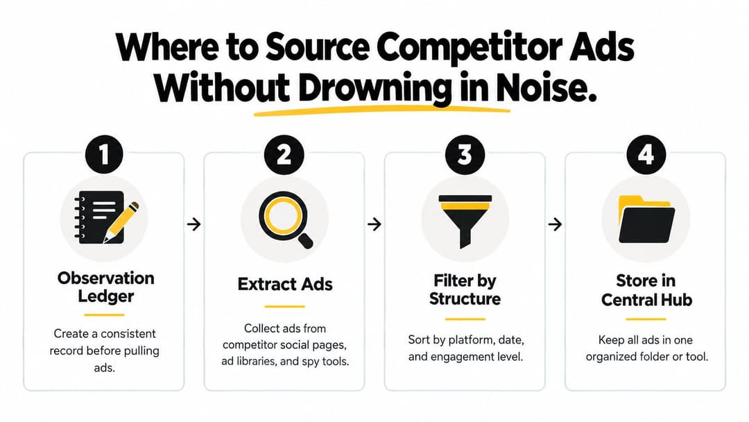 A four-step infographic illustrating a process to efficiently source and organize competitor advertisements for marketing research.