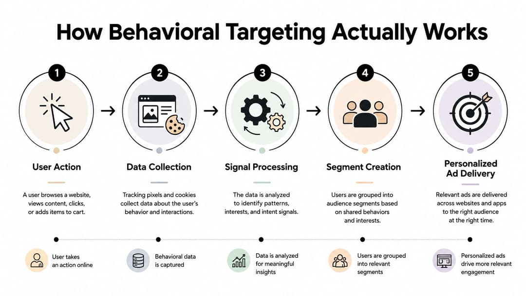 A five-step infographic showing how behavioral targeting works, from user actions to personalized ad delivery.