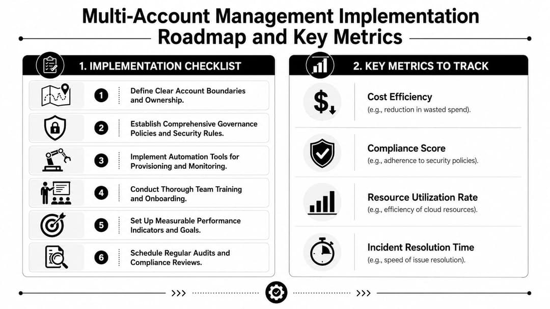 A roadmap diagram outlining a six-step implementation checklist and key metrics for multi-account cloud management.