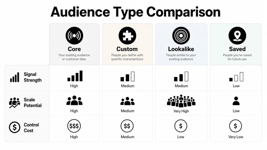A comparison chart showing the differences between Core, Custom, Lookalike, and Saved Facebook audience types.