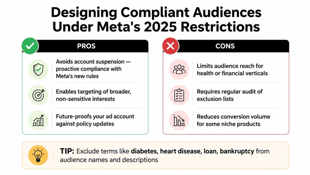 A pros and cons comparison chart for designing compliant meta advertising audiences under 2025 policy restrictions.