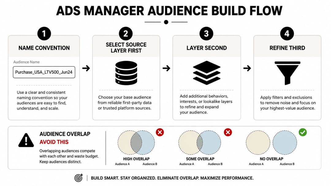 A diagram outlining a four-step Ads Manager audience build flow and how to avoid audience overlap.