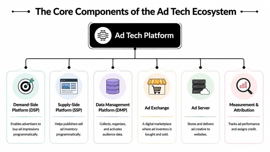 A diagram illustrating the six core components of the Ad Tech platform ecosystem, including DSP, SSP, DMP, and others.