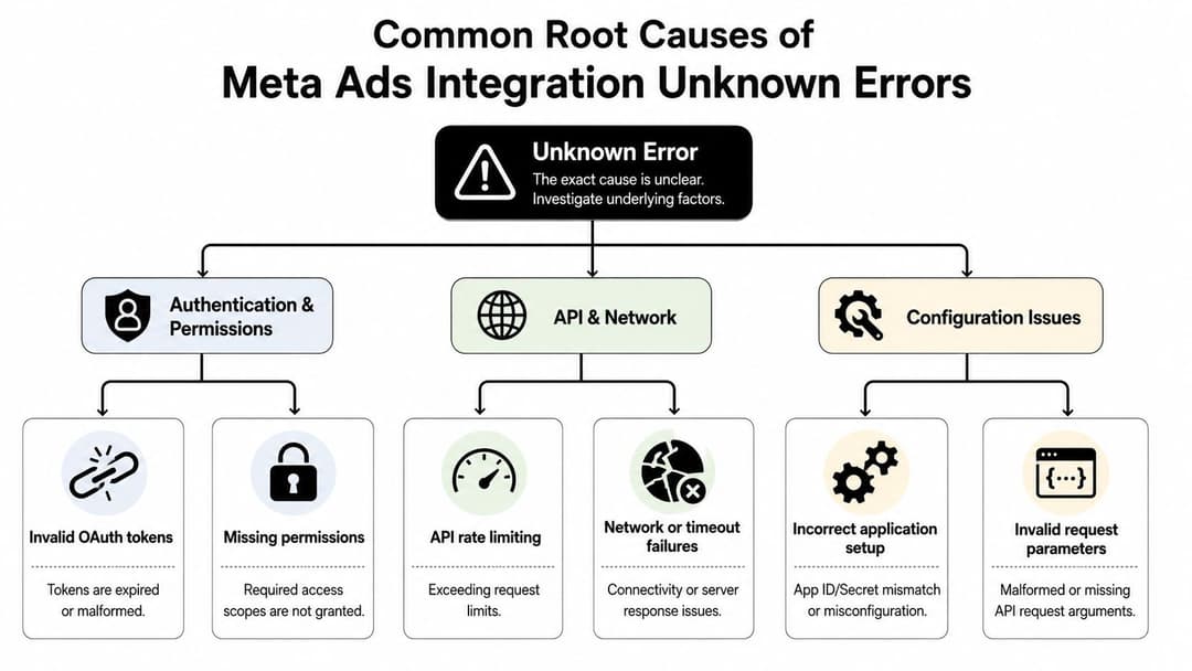 A flowchart detailing common root causes for Meta Ads integration unknown errors, categorized by authentication, API, and configuration.