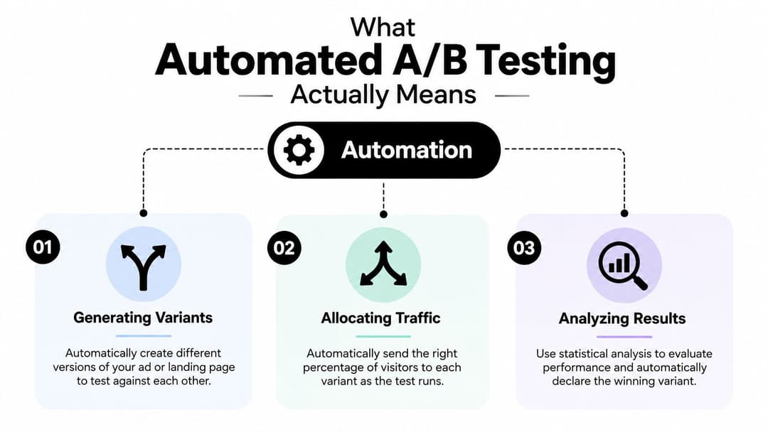 A diagram illustrating the three steps of automated A/B testing: generating variants, allocating traffic, and analyzing results.