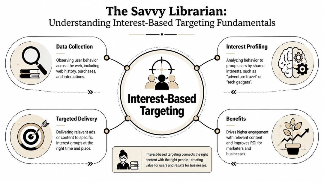 A diagram explaining interest-based targeting through four steps: data collection, interest profiling, targeted delivery, and benefits.