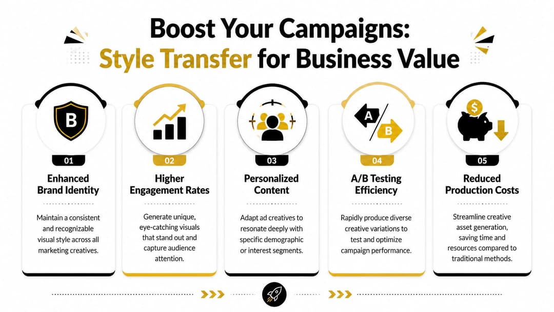 An infographic detailing five key business benefits of using AI style transfer for marketing campaigns.