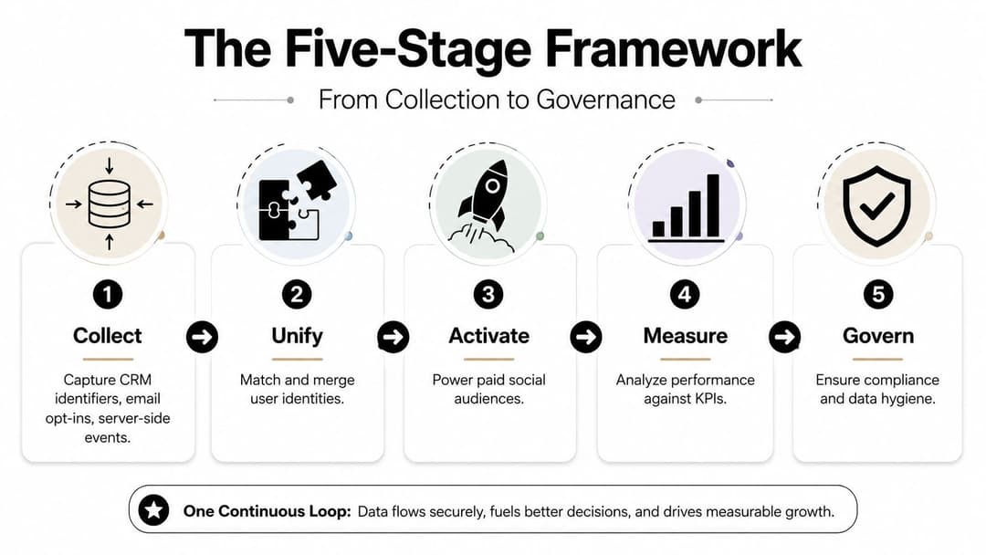 A five-stage framework diagram illustrating a data management strategy from collection to governance.