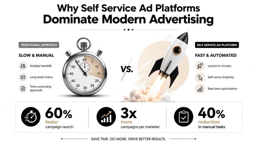 An infographic comparing traditional slow, manual advertising methods against fast, automated self-service ad platforms with efficiency metrics.