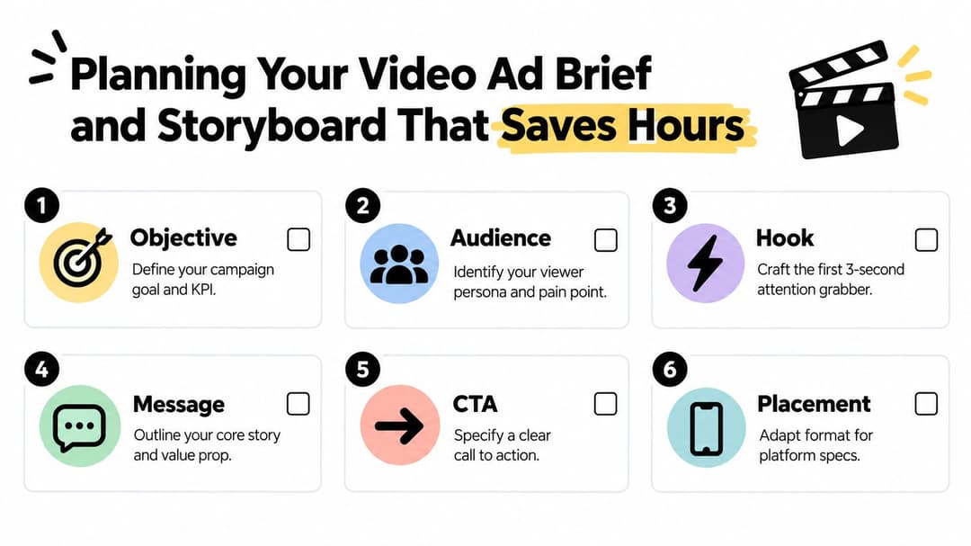 An infographic outlining six key steps for planning an effective video ad brief and storyboard.