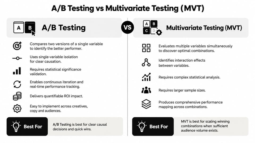 A comparative infographic detailing the differences, benefits, and best use cases for A/B testing versus multivariate testing.
