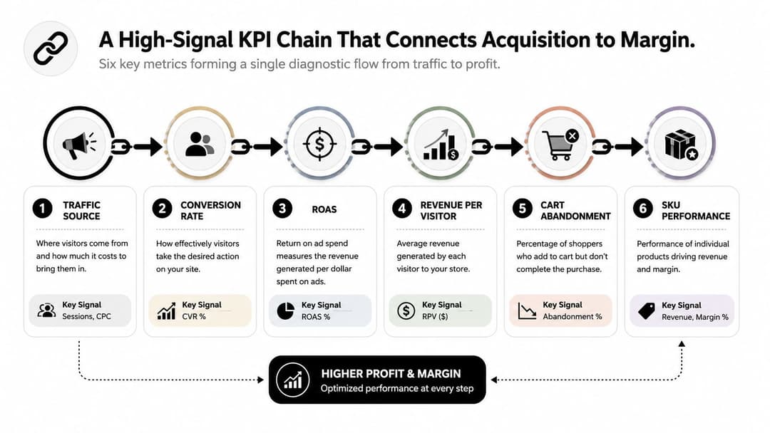 A diagnostic flow diagram showing six key KPIs connecting digital commerce acquisition to final profit and margin.