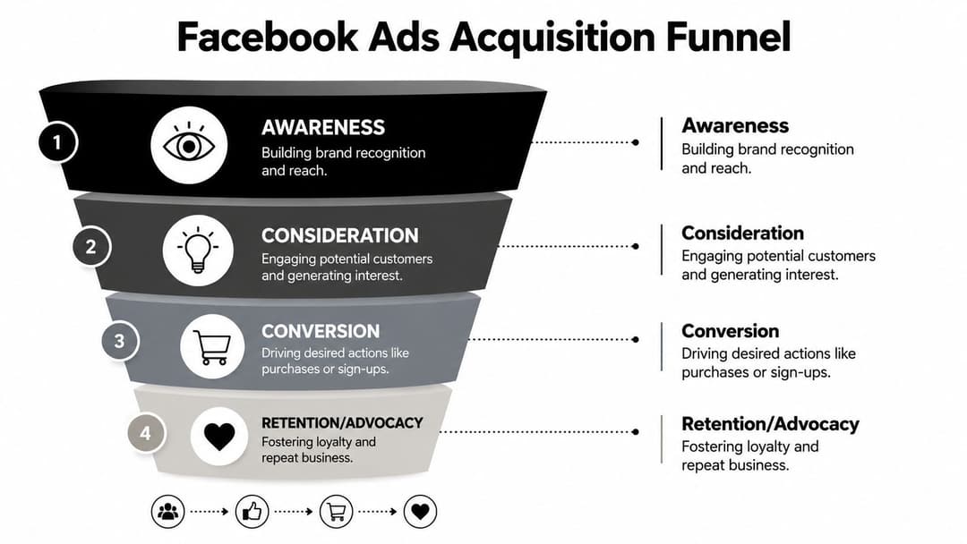 A four-stage Facebook Ads acquisition funnel diagram illustrating the marketing journey from brand awareness to customer retention and advocacy.