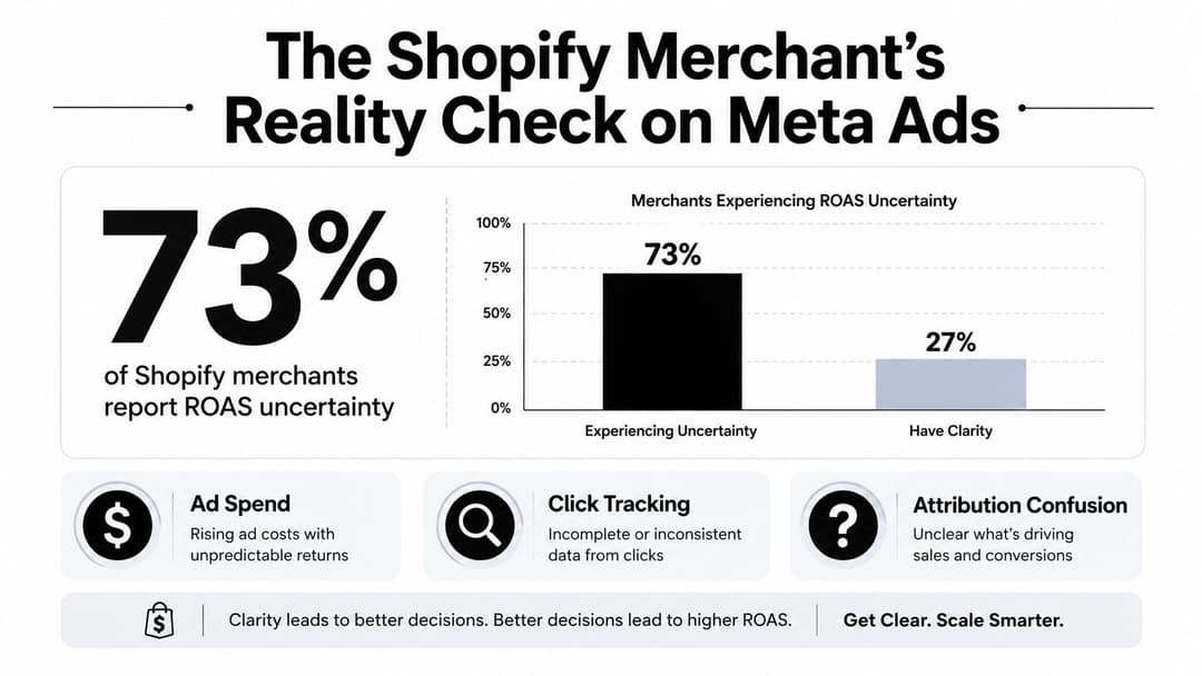 A bar chart illustrating that 73% of Shopify merchants experience uncertainty regarding their ad return on investment.