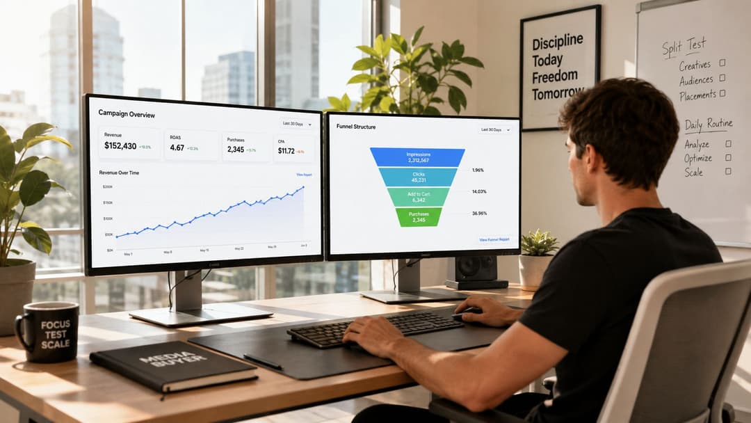 A professional media buyer analyzes marketing analytics data on dual computer monitors in a bright modern office.