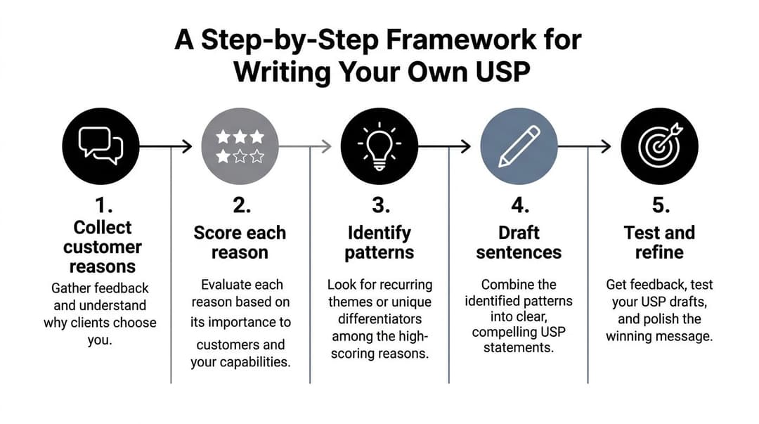 A flowchart showing a five-step framework for creating a unique selling proposition for business growth.