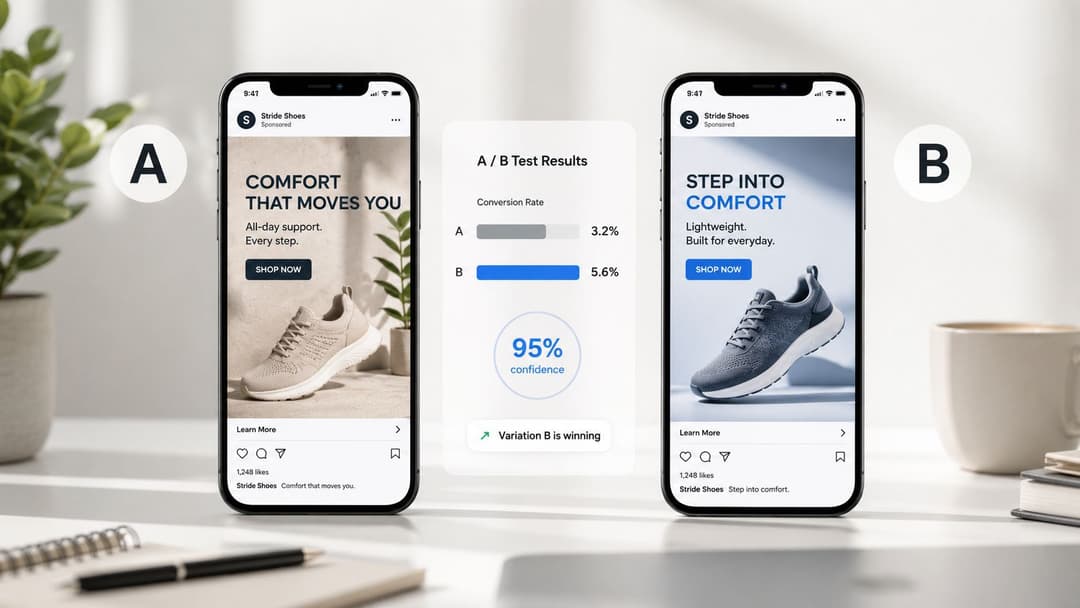 A split view showing an A/B test for shoe advertisements comparing conversion rates between two variations.