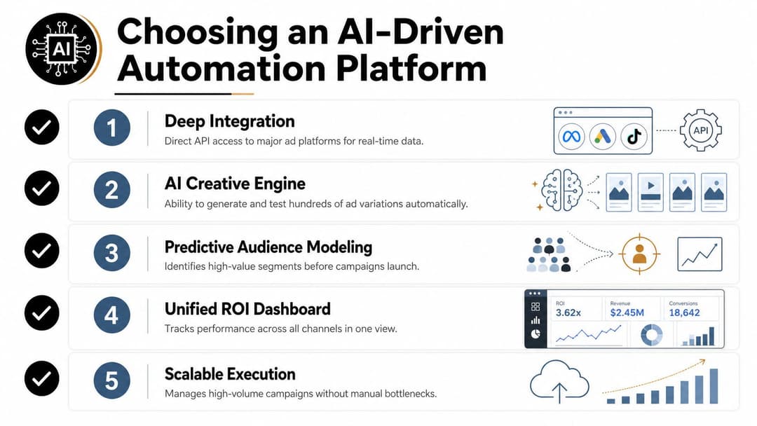 An infographic detailing five essential features to consider when choosing an AI-driven marketing automation platform.
