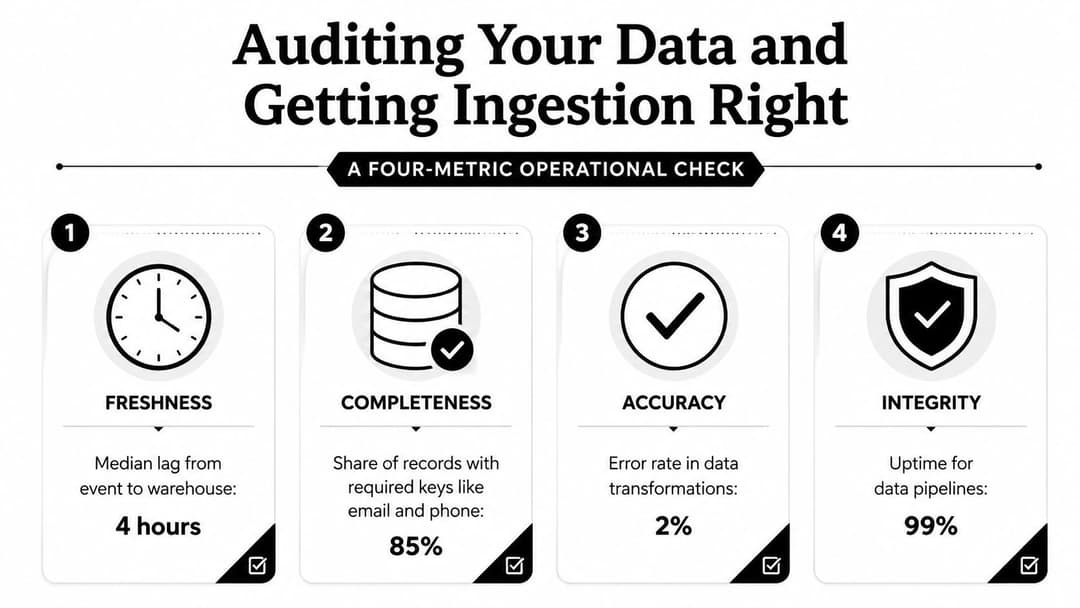 An infographic showing four key operational metrics for auditing data: freshness, completeness, accuracy, and integrity.