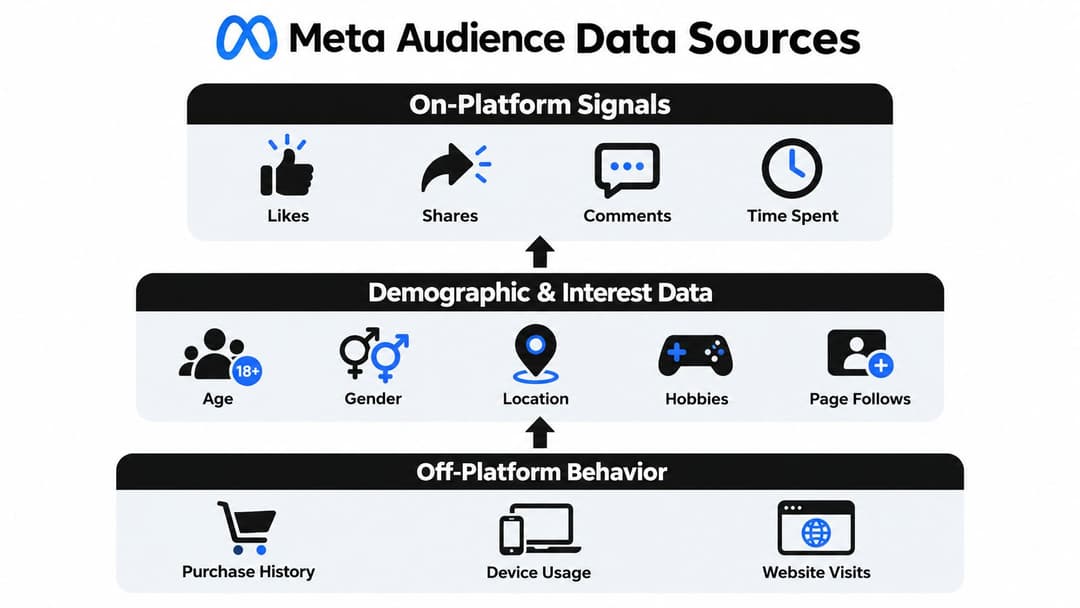 An infographic showing Meta's audience data sources including on-platform signals, demographic and interest data, and off-platform behavior.