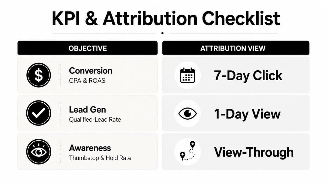 A chart showing KPI and attribution settings for conversion, lead generation, and awareness marketing objectives.