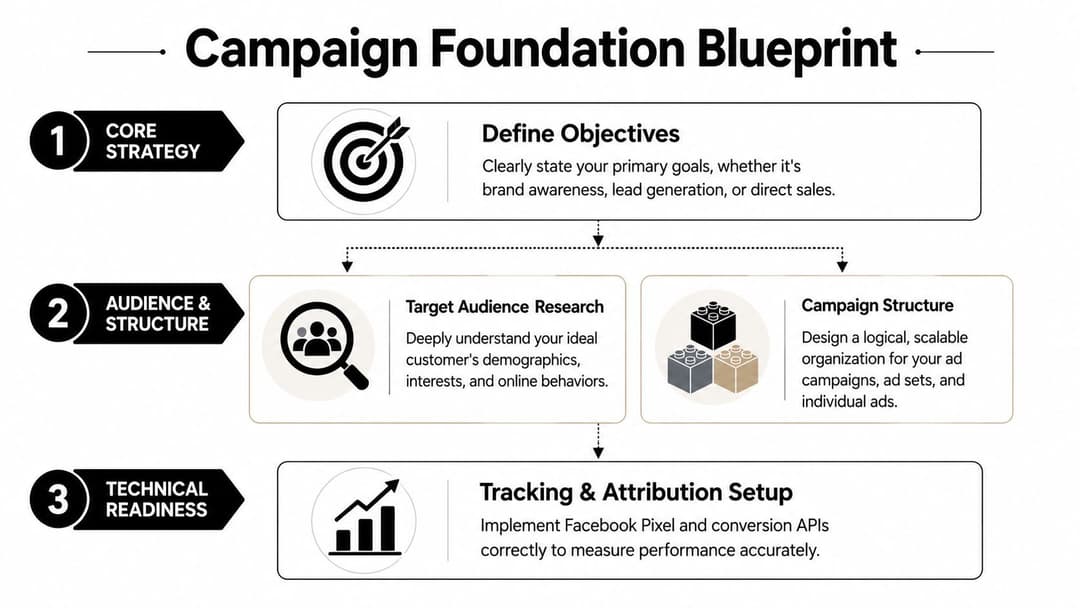 A Campaign Foundation Blueprint diagram outlining strategies for running Facebook ads, including objectives, audience research, and tracking.