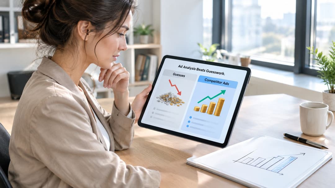 A professional woman viewing data comparing guessing to competitor ad analysis on a digital tablet screen.