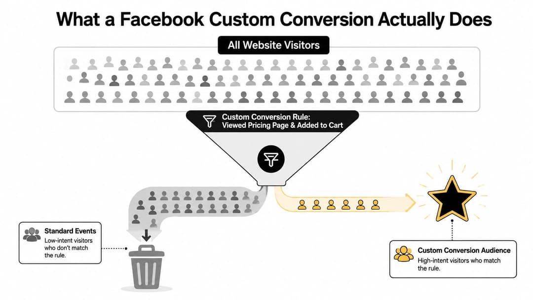A diagram illustrating how a Facebook custom conversion funnel filters website visitors into high-intent audiences.