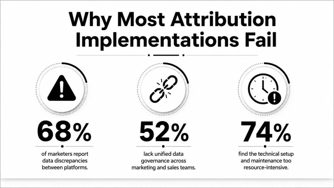 A graphic illustration explaining why most marketing attribution implementations fail due to data discrepancies, governance, and resource constraints.