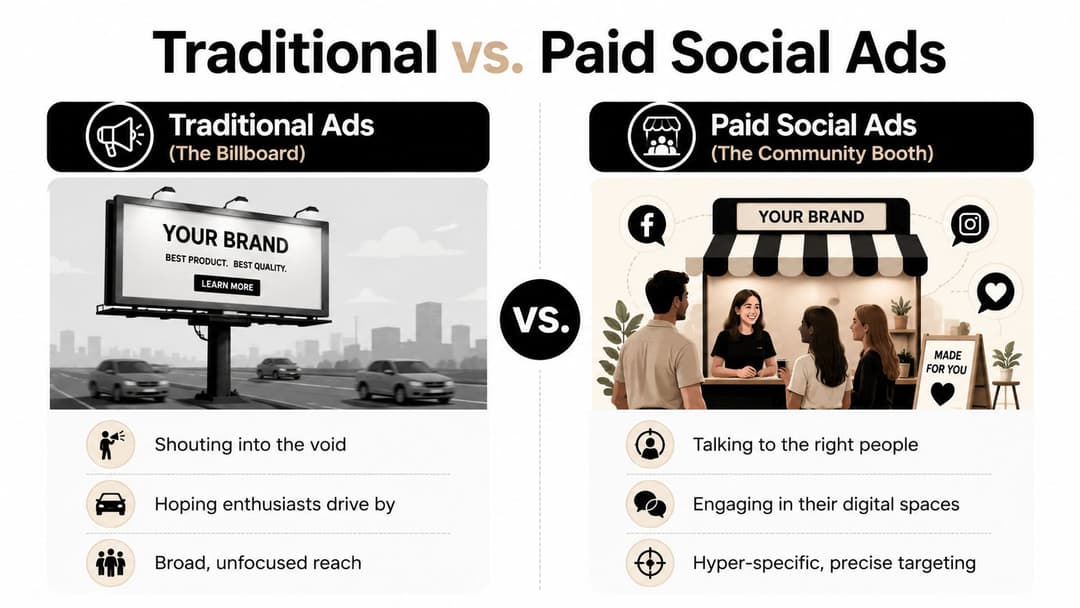 An infographic comparing the broad reach of traditional billboard advertising with targeted paid social media advertising strategies.
