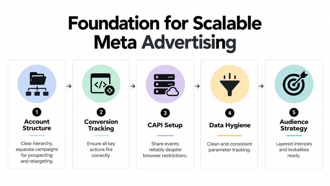 A five-step guide showing the essential foundation for building and scaling successful Meta advertising campaigns effectively.