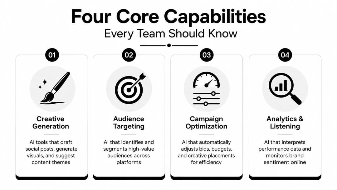 An infographic titled Four Core Capabilities for teams using AI in social media marketing strategies.