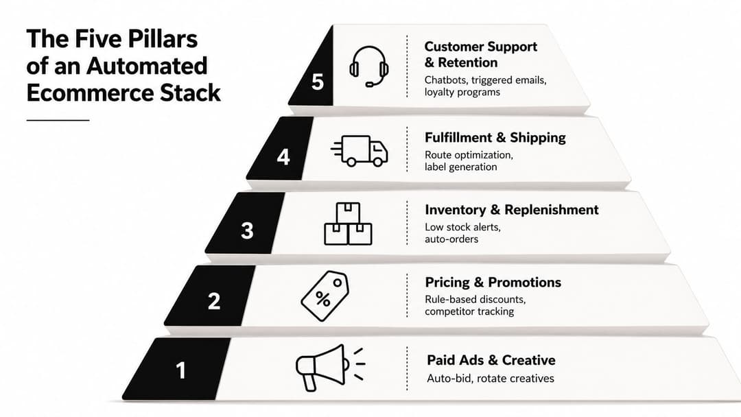 A pyramid diagram showing the five essential pillars of an automated ecommerce business stack ranging from one to five.