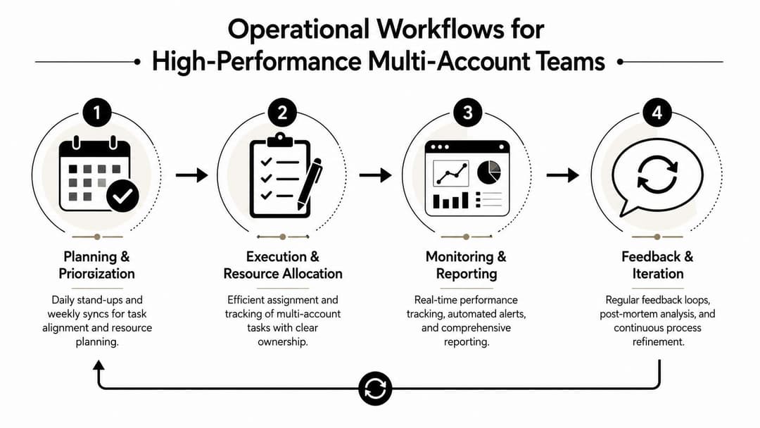 A four-step workflow diagram for high-performance multi-account teams including planning, execution, monitoring, and feedback cycles.
