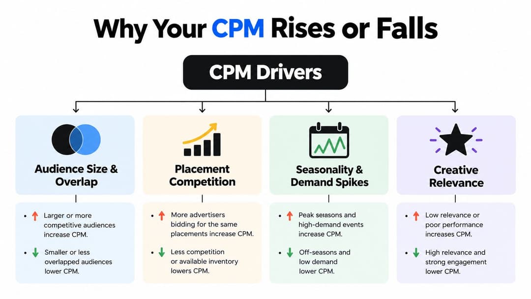 A diagram explaining factors that cause CPM to rise or fall on digital advertising platforms.