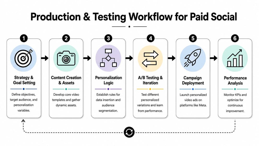 A six-step workflow diagram illustrating the production and testing process for personalized marketing videos on paid social.