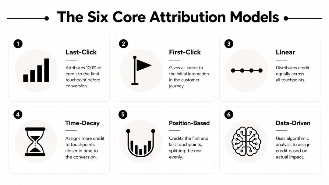 An infographic titled The Six Core Attribution Models showing various digital marketing touchpoint credit methods.