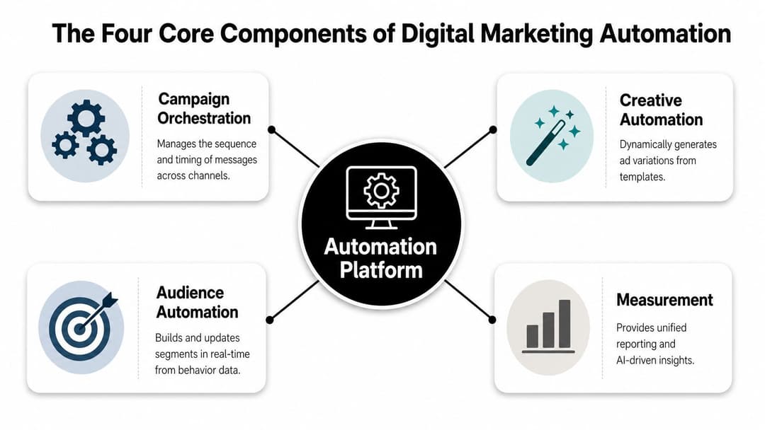 A diagram illustrating the four core components of digital marketing automation: orchestration, creative automation, audience, and measurement.