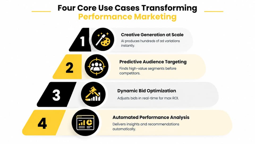 A pyramid graphic showing four core AI use cases transforming modern performance marketing and advertising strategies.