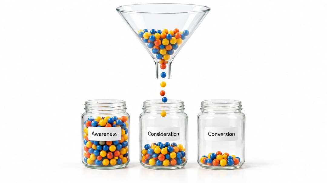 A marketing funnel illustration showing colorful marbles filling glass jars labeled Awareness, Consideration, and Conversion.