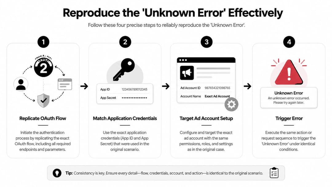 An infographic detailing four sequential steps for developers to reliably reproduce an unknown system error.