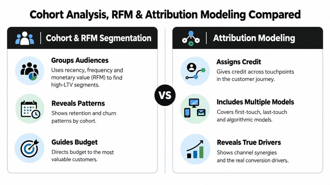 A comparison infographic between cohort analysis, RFM segmentation, and attribution modeling for marketing strategy analysis.