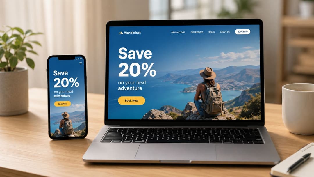A laptop and a smartphone displaying a travel website advertisement with a twenty percent discount offer.